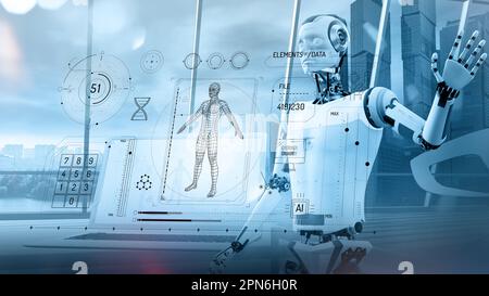 Un robot d'intelligence artificielle analyse les données du panneau virtuel. Banque D'Images