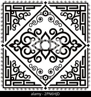 Motif carré noir et blanc vectoriel oriental inspiré de l'art populaire de Monogolia et d'Asie centrale, décor traditionnel avec tourbillons et fleurs Illustration de Vecteur