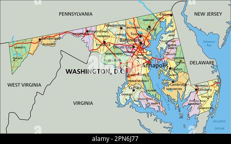 Maryland - carte politique modifiable très détaillée avec étiquetage. Illustration de Vecteur