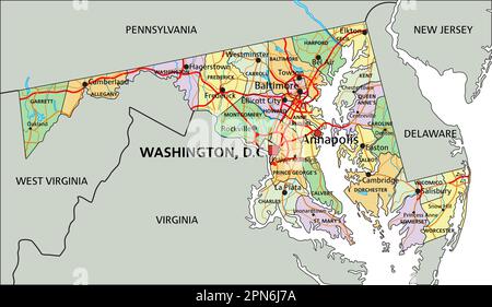 Maryland - carte politique modifiable très détaillée avec étiquetage. Illustration de Vecteur