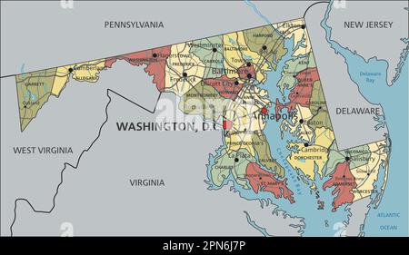 Maryland - carte politique modifiable très détaillée avec étiquetage. Illustration de Vecteur