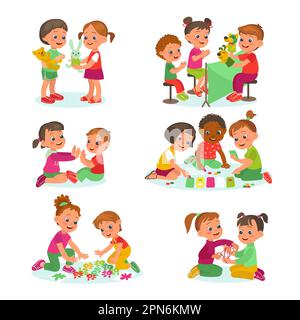 Enfants jouant ensemble. Activités de groupe et de couple pour enfants. Garçons et filles avec différents jouets. Détente en pépinière. Jeux de table. De jolis petits amis Illustration de Vecteur