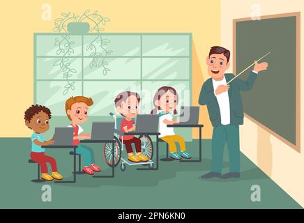 Enfants handicapés en classe. Éducation des enfants. Le professeur explique la leçon aux élèves près du tableau noir. Garçon d'école blessé en fauteuil roulant. École inclusive Illustration de Vecteur