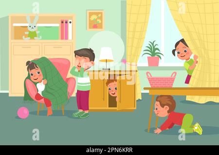 Enfants adorables dans la chambre. Des amis heureux jouant cacher et chercher. Drôle joyeux filles et garçons dans le jeu de groupe. Activités de pépinière. Jardin d'enfants. Préscolaire Illustration de Vecteur