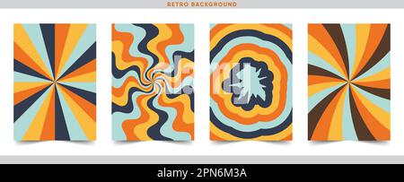 Ensemble de 70s fonds Vintage Color Backgrounds, Groovy hippie 70s fonds. Vagues, tourbillon, motif tourbillon Illustration de Vecteur