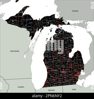 Carte routière du Michigan très détaillée avec étiquetage. Illustration de Vecteur