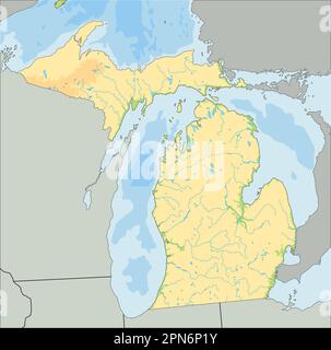 Carte physique du Michigan très détaillée. Illustration de Vecteur