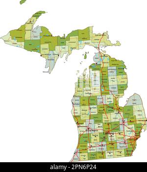 Carte politique modifiable très détaillée avec des couches séparées. Michigan. Illustration de Vecteur