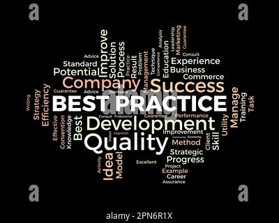 Concept d'arrière-plan Word Cloud pour les meilleures pratiques. Amélioration de la qualité avec le résultat stratégique de l'idée de développement. illustration vectorielle. Illustration de Vecteur