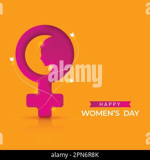 Happy Women's Day concept avec symbole de Vénus coupée en papier, visage féminin, papillons volants sur fond orange. Illustration de Vecteur