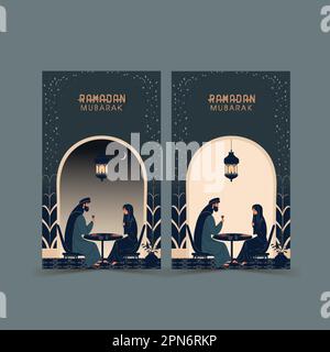 Cartes de vœux de Ramadan Moubarak avec personnage de couple musulman à la table de salle à manger en deux options. Illustration de Vecteur