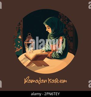 Ramadan Kareem concept avec la jeune femme musulmane personnage lecture Coran Livre, lumière arabe sur fond marron. Illustration de Vecteur