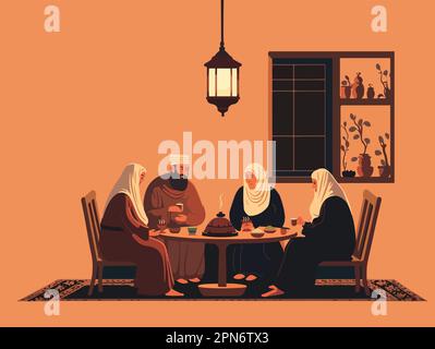 Illustration vectorielle des musulmans appréciant de délicieux repas à la table de salle à manger. Concept religieux islamique. Illustration de Vecteur