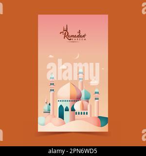 Ramadan Kareem bannière verticale Design avec belle Mosquée, Crescent Moon sur fond rose dégradé. Illustration de Vecteur