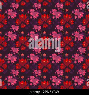 Le design sans couture présente une disposition répétée de petites fleurs roses et rouges, qui contrastent avec un arrière-plan violet foncé. Banque D'Images