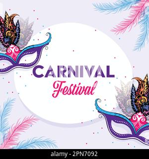 Festival du Carnaval conception d'affiche avec des masques de fête colorés sur de beaux plumes décoré d'arrière-plan. Illustration de Vecteur