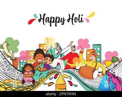 Holi Celebration Background avec des personnages indiens appréciant dans le costume coloré et les éléments du festival. Illustration de Vecteur