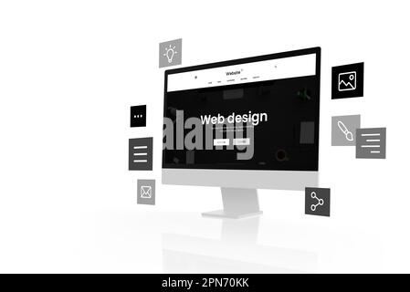 Design web plat noir et blanc studio de mise en page sur un écran d'ordinateur moderne avec des modules de mise en page volante concept Banque D'Images