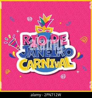 Style autocollant Rio de Janeiro Carnaval texte avec masque de plumes coloré, Vuvuzela sur fond de motif de tourbillon rose. Illustration de Vecteur