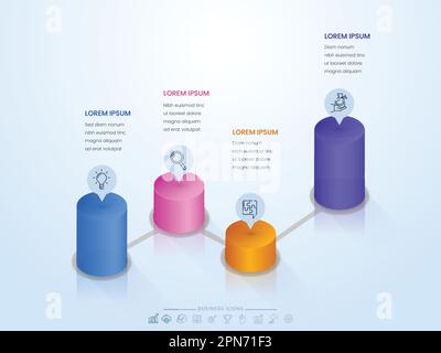 3D Podium à quatre cylindres de différentes tailles avec icônes de ligne mince sur fond bleu pastel. Concept d'infographies d'entreprise. Illustration de Vecteur