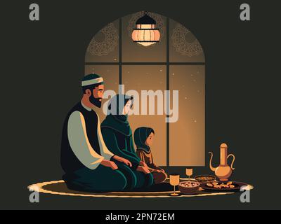 Illustration de la famille musulmane priant avant le repas sur Mat devant la fenêtre islamique de Mandala la nuit. Illustration de Vecteur
