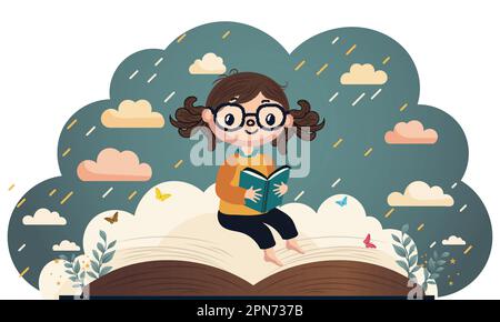 Adorable personnage de fille assis au livre ouvert avec papillons, feuilles sur nuages de pluie arrière-plan. Illustration de Vecteur