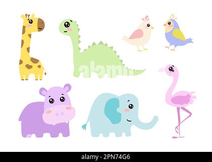 Animaux avec les yeux mignons et blush sur les joues vecteur ensemble Illustration de Vecteur