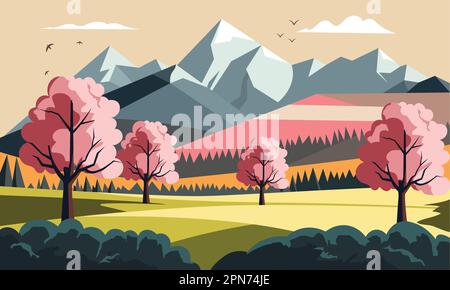 Magnifique nature paysage arrière-plan avec montagnes, arbres et oiseaux volants. Illustration de Vecteur