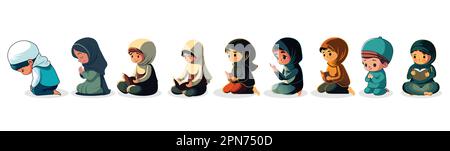 Ensemble de personnages de garçons et de filles musulmans priant avec Tasbih, Coran Livre en position assise. Concept religieux islamique. Illustration de Vecteur