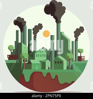 Industrie de l'usine avec bâtiments résidentiels, arbres sur la moitié de la Terre Globe et Sun Illustration. Concept du jour de la Terre. Illustration de Vecteur