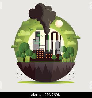 Usine et arbres sur Half Earth Globe Background et Sun. Concept d'écosystème et de pollution. Illustration de Vecteur