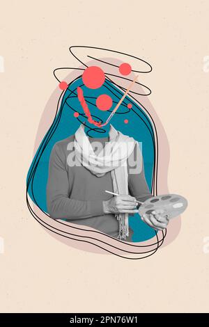 Collage 3D pinup pop rétro croquis image de type dessin pinceau au lieu de tête isolé peinture arrière-plan Banque D'Images