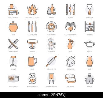Atelier de poterie, icônes de lignes vectorielles de classes de céramique. Panneaux d'outils de studio en argile. Construction à la main, équipement de sculpture - roue de potier, four électrique Illustration de Vecteur