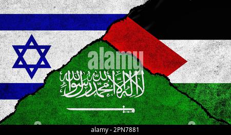 L'Arabie saoudite, la Palestine et Israël drapeau ensemble sur un fond texturé. Concept des relations diplomatiques entre Israël, la Palestine et l'Arabie saoudite Banque D'Images