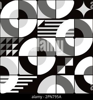 Motif vectoriel sans couture inspiré de Bauhaus en noir, gris et blanc - conception géométrique rétro avec cercles, triangles, lignes et carrés Illustration de Vecteur