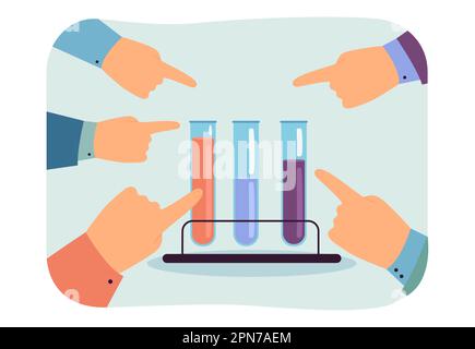 Les doigts pointent vers des échantillons de différentes couleurs dans les tubes à essai Illustration de Vecteur