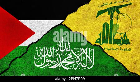 La Palestine, le Hamas et le Hezbollah drapeau ensemble sur un fond texturé. Concept des relations entre le Hezbollah, le Hamas et la Palestine Banque D'Images