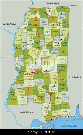 Carte politique modifiable très détaillée avec des couches séparées. Mississippi. Illustration de Vecteur