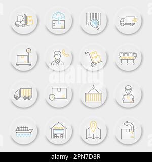 Jeu d'icônes de ligne d'expédition logistique, collection de symboles de livraison, croquis vectoriels, boutons UI UX neuporphiques, icônes de livraison logistique, pictogrammes linéaires de panneaux d'expédition Illustration de Vecteur