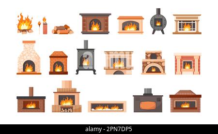 Plusieurs cheminées avec bois de combustion dessin animé ensemble Illustration de Vecteur