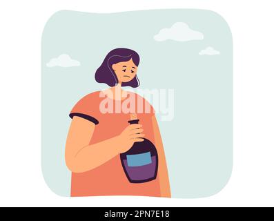 Triste femme tenant une bouteille d'alcool Illustration de Vecteur