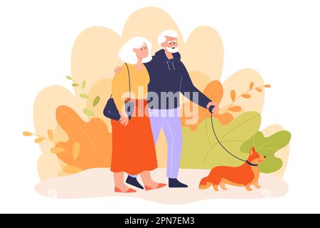 Couple de personnes âgées heureux marchant mignon chien ensemble Illustration de Vecteur