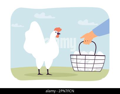 Les agriculteurs tiennent main le panier d'œufs de poulet près de la poule blanche Illustration de Vecteur