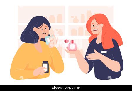 Assistant d'atelier aidant la femme à choisir le parfum Illustration de Vecteur