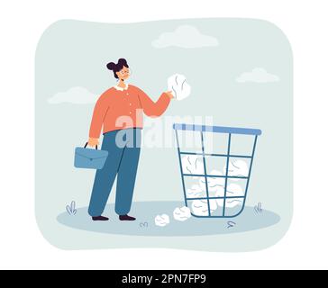 Femme d'affaires jetant une boule de papier froissé dans une poubelle Illustration de Vecteur