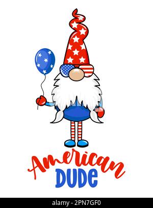 American Dude - mignon gnome en 4th de costume de juillet. Elfe scandinave avec bière, ballons et chapeau. Heureux 4th de juillet. Illustration vectorielle en mode caricature Illustration de Vecteur