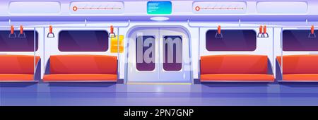 Voiture de métro à l'intérieur. Intérieur vide de la familiale. Illustration vectorielle d'un chemin de fer souterrain avec portes fermées, sièges de passagers confortables et mains courantes. Transports en commun Illustration de Vecteur