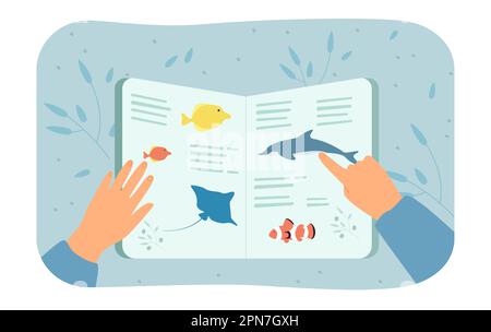 Mains tenant un livre ouvert avec des images d'animaux de mer et de poissons Illustration de Vecteur