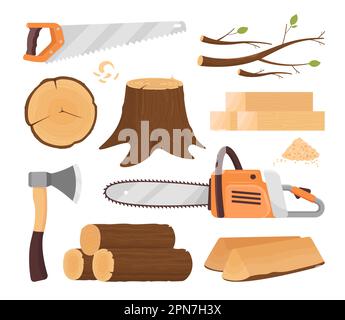 Jeu d'illustrations vectorielles éléments de l'industrie de la coupe du bois et du bois Illustration de Vecteur