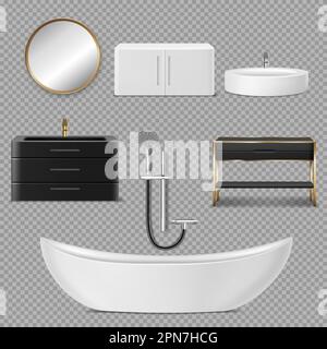 Baignoire, douche, miroir et lavabo. Mobilier vectoriel réaliste pour l'intérieur de la salle de bains dans la maison ou l'hôtel avec miroir rond dans cadre doré et armoire noire sous wachbasin isolée sur fond transparent Illustration de Vecteur